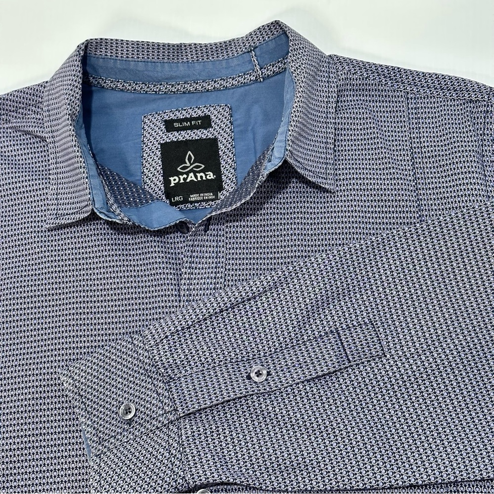 Prana Shirt Men’s Large Slim Fit Button Up Long Sleeve Organic Cotton Blue - Picture 4 of 10